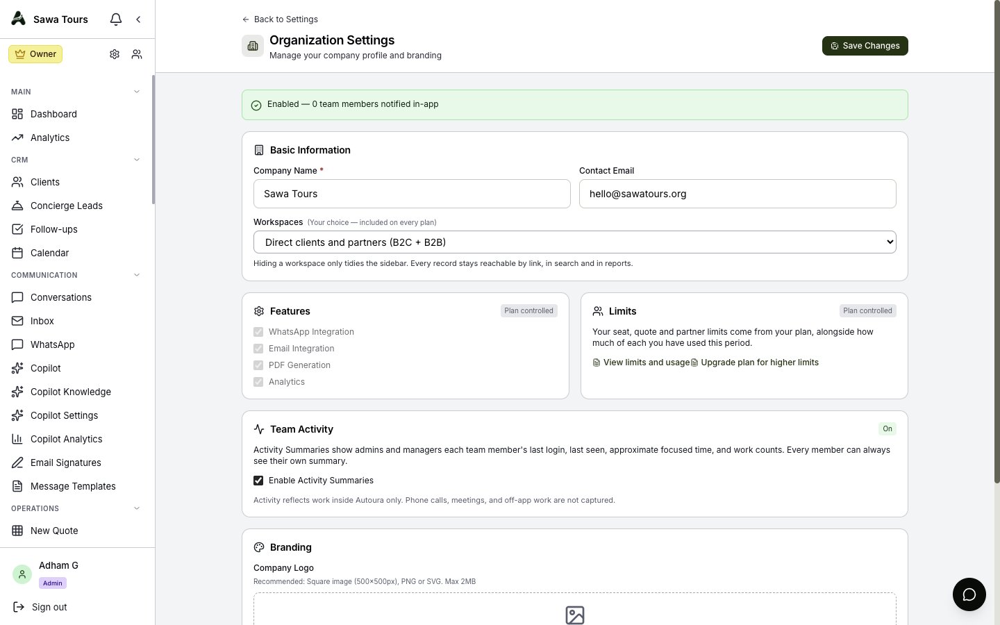 Organization settings with the Team Activity card and informed-confirmation flow