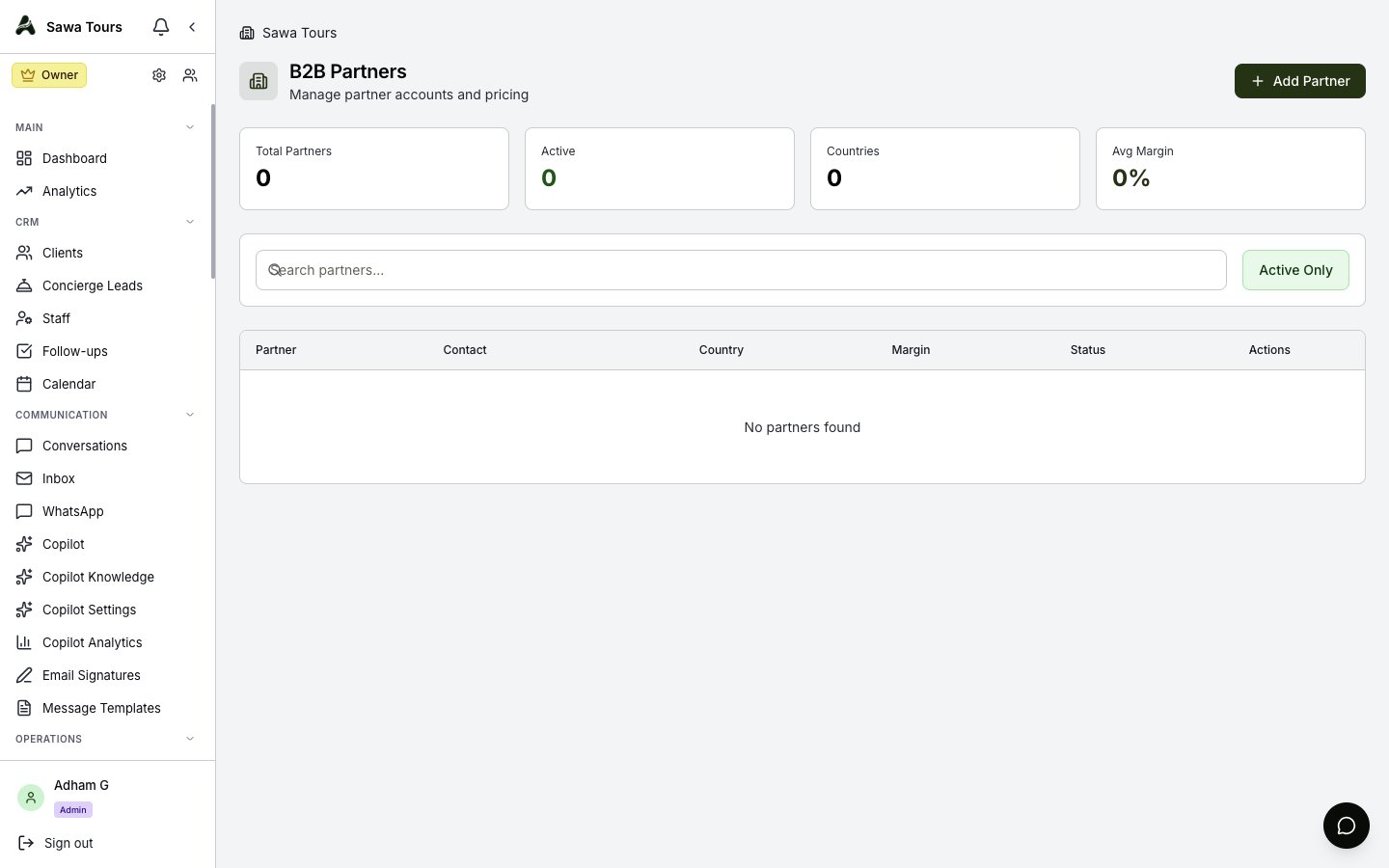 Partners page with partner records and default margin percentages