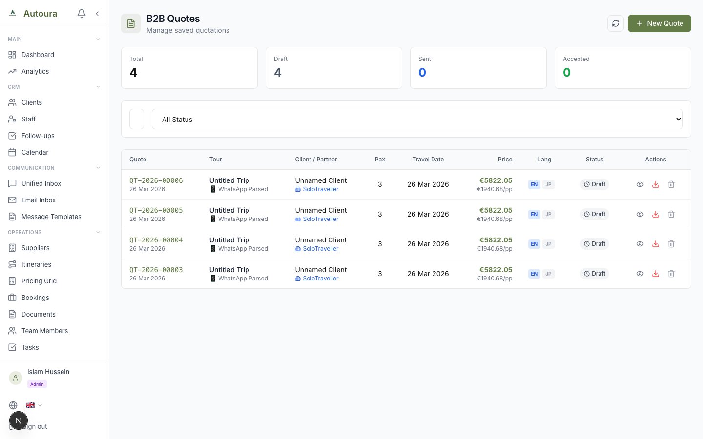 B2B Quotes list page with quote cards and action buttons