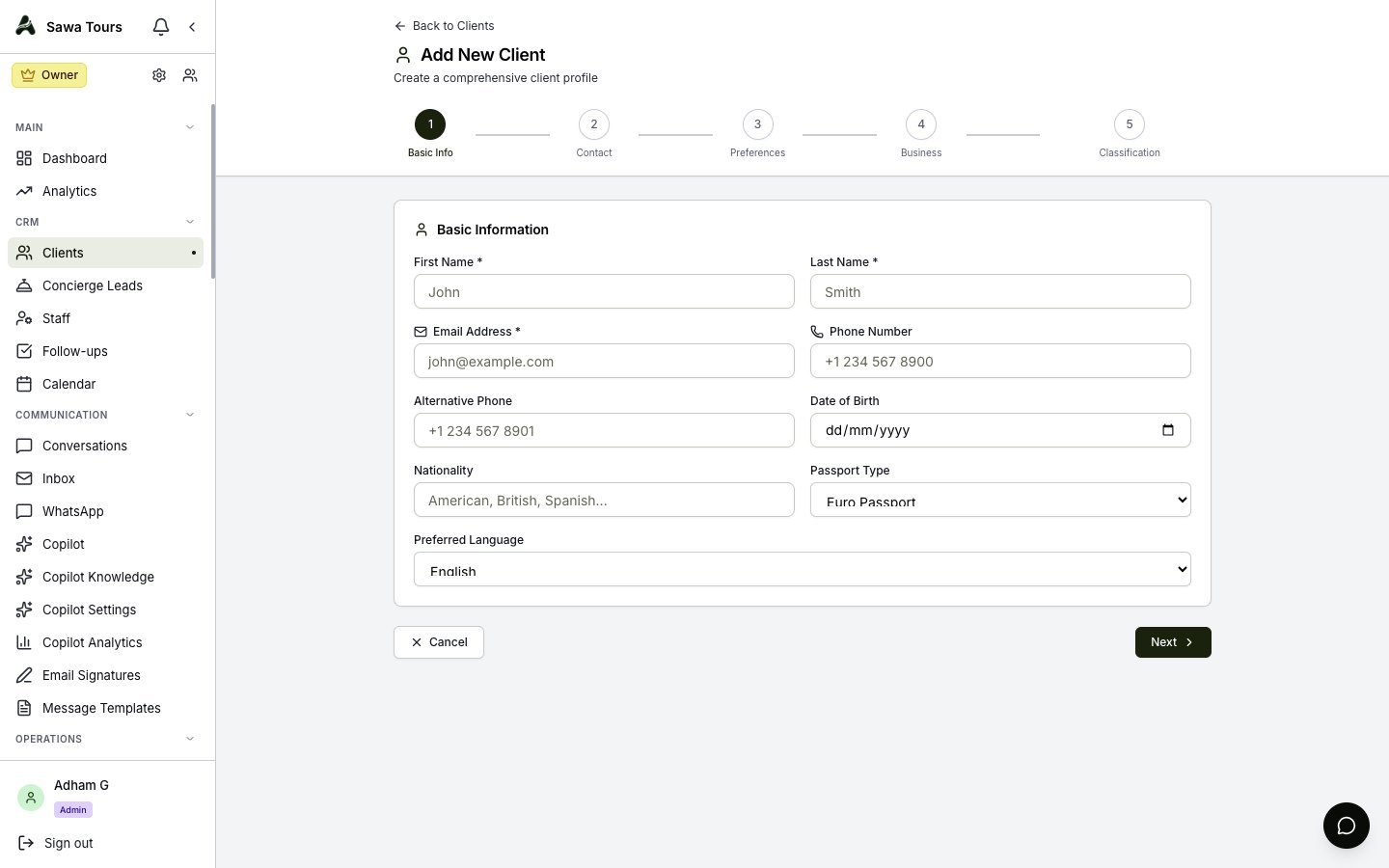 New Client wizard on the Basic Info step, showing First Name, Last Name, nationality, and passport type fields