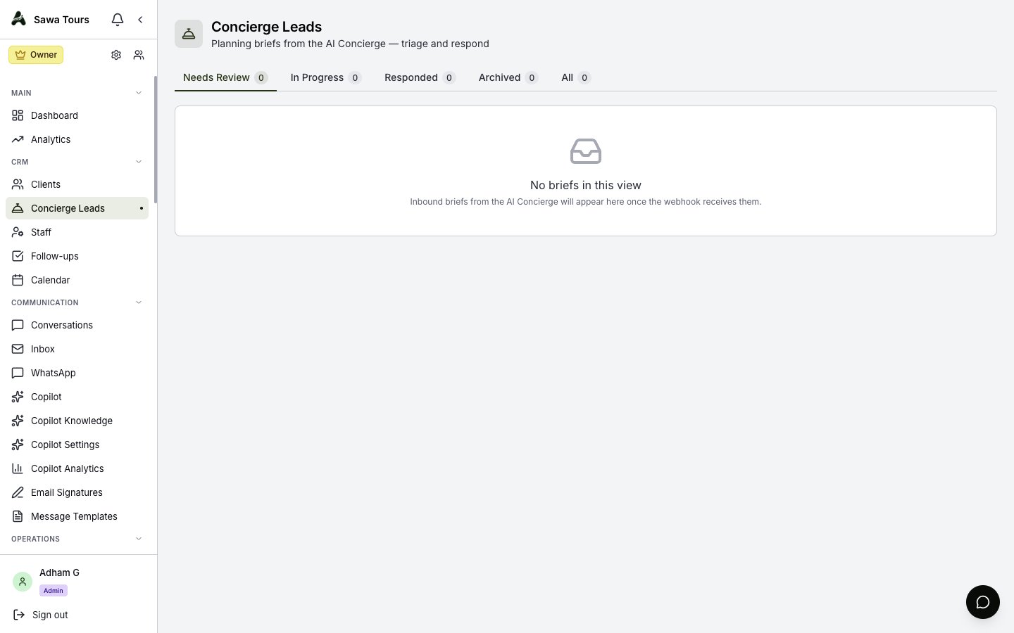 Concierge Leads page with the Needs Review / In Progress / Responded / Archived / All tabs showing live counts, and a list of brief cards