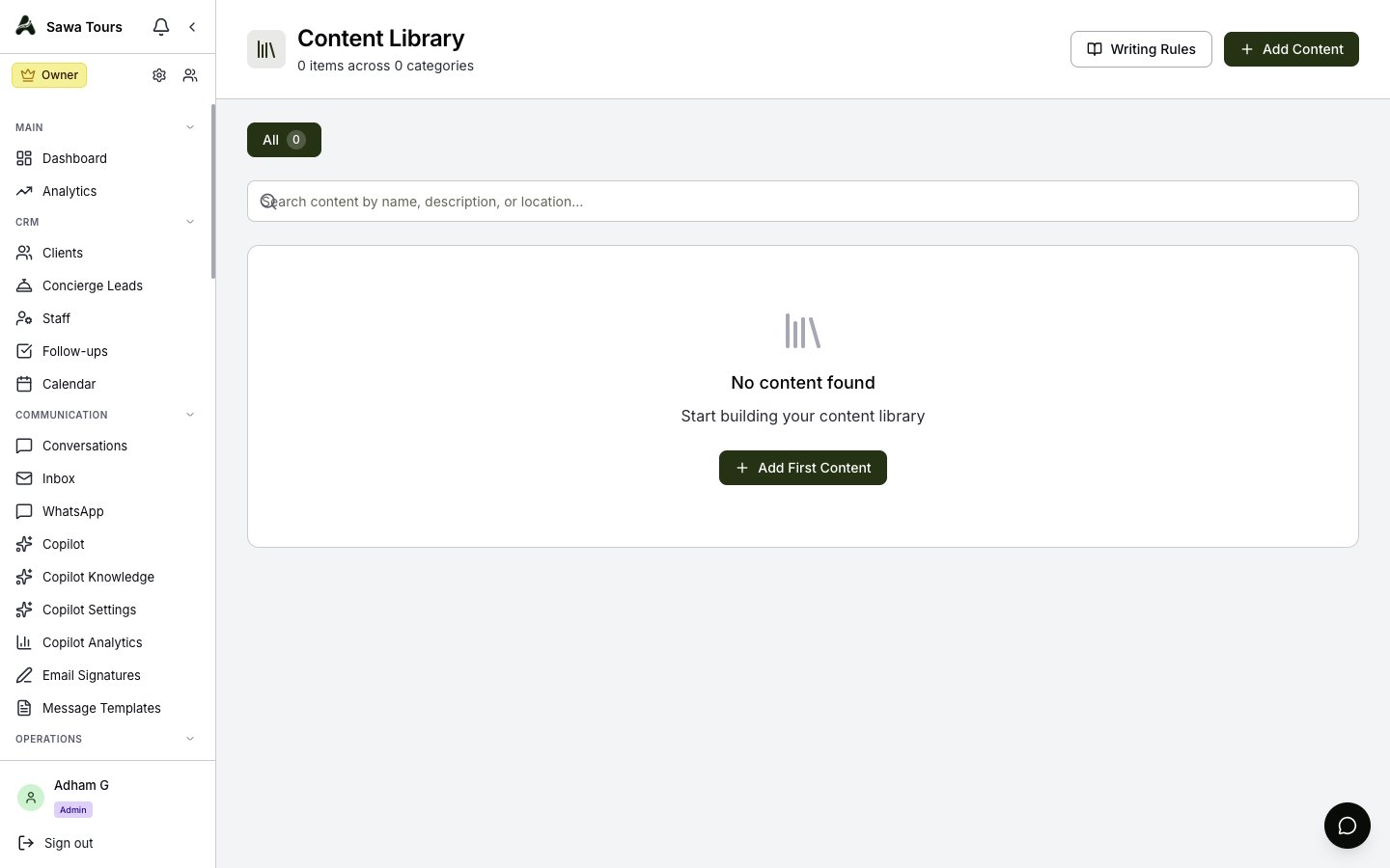 Content Library page with category pills showing counts, the search bar, and content cards showing name, location/duration, tags, and variation count