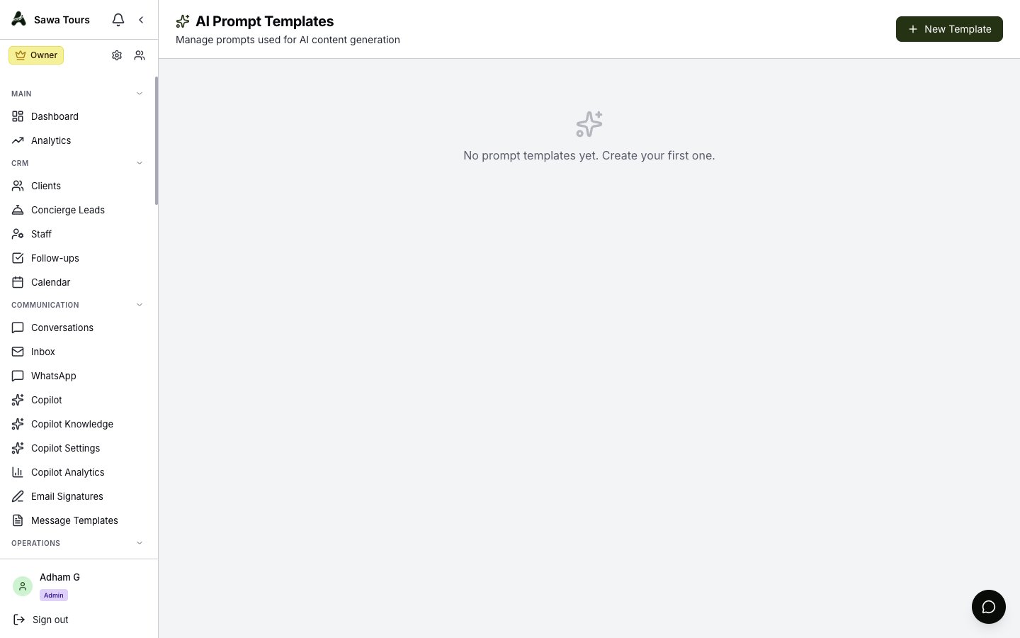 AI Prompts page with templates grouped by purpose, showing each template's model, temperature, active flag, and version