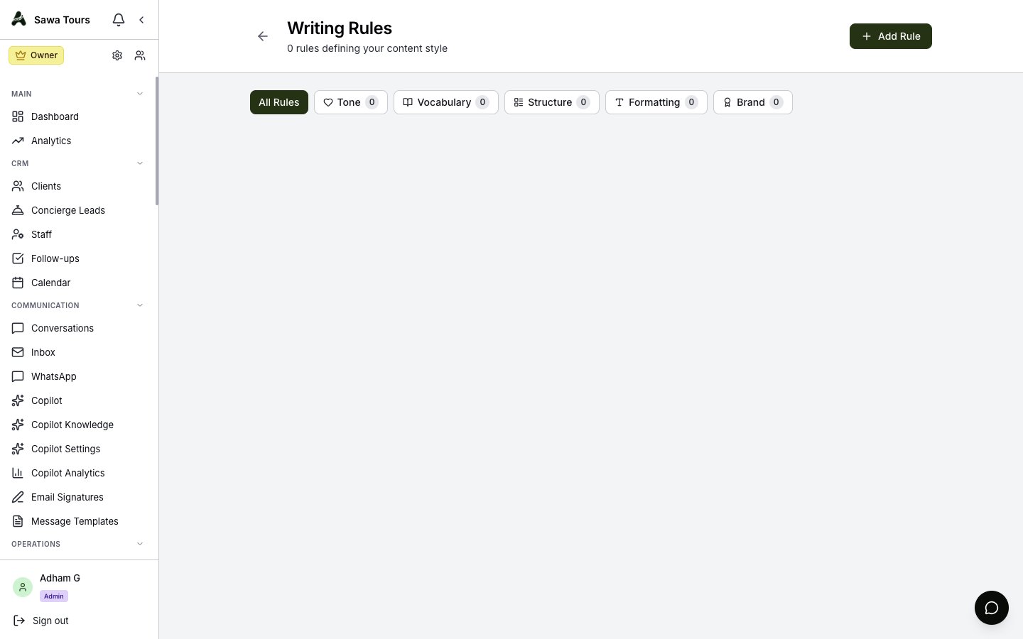 Writing Rules page showing rules with their category, Must Follow / Preferred / Avoid type, good/bad examples, priority, scope, and active toggles