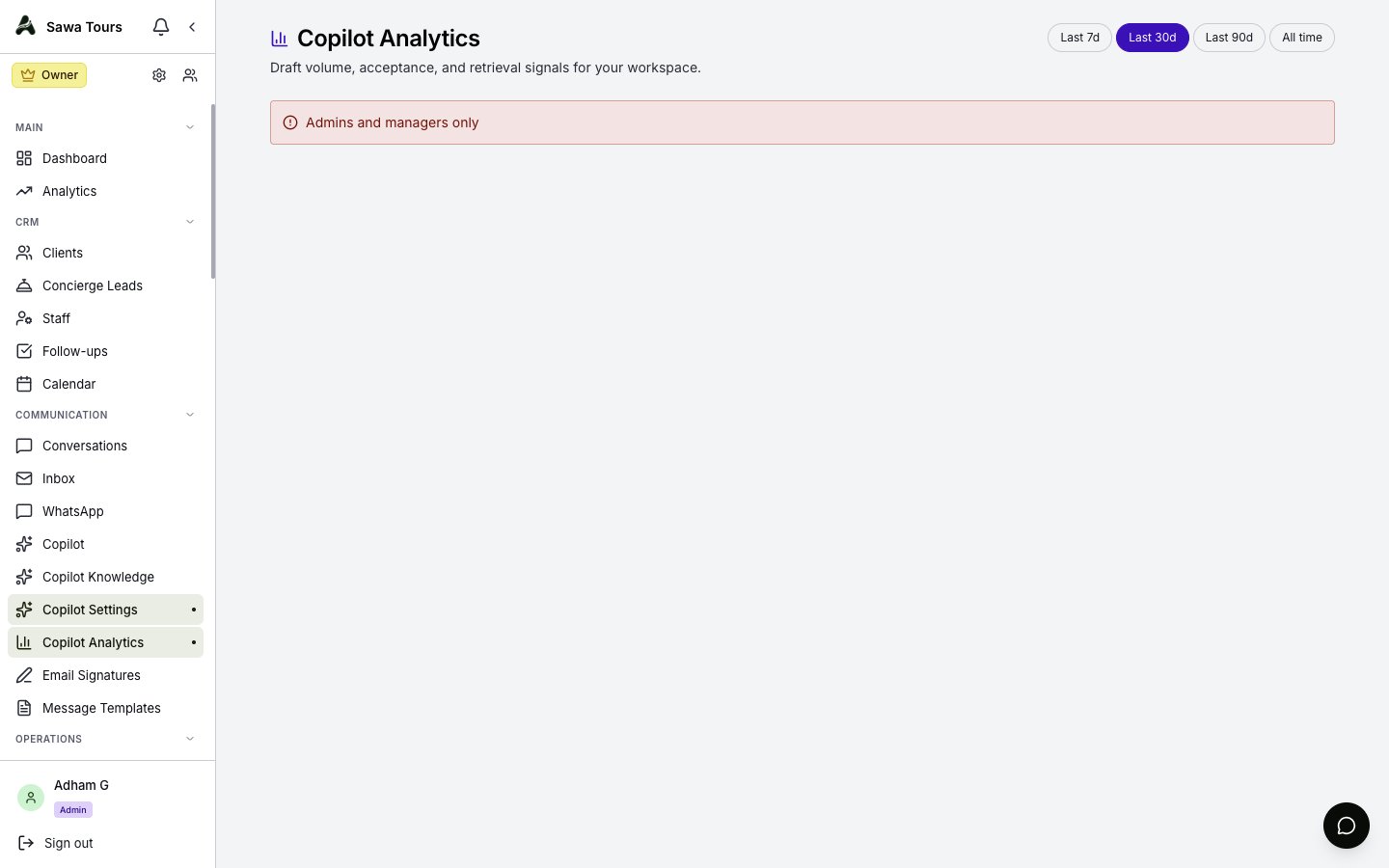 Copilot Analytics with period filter, cards for drafts generated/sent/dismissed/pending, accept and edit rate metrics, daily volume chart, and breakdowns by channel, tone, and confidence
