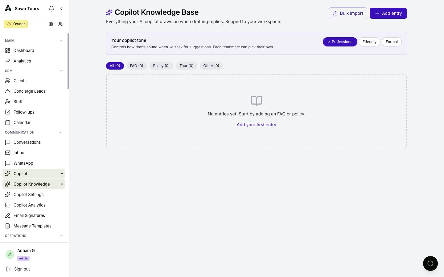 Copilot Knowledge page with type filter pills (FAQs, Policies, Tours, Custom) showing counts and a list of entries with enable/disable toggles