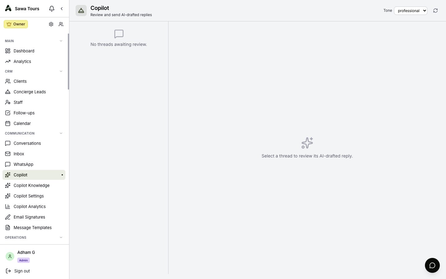 Copilot review queue: thread list on the left with channel icons and draft badges, review panel on the right, and the Tone selector in the header