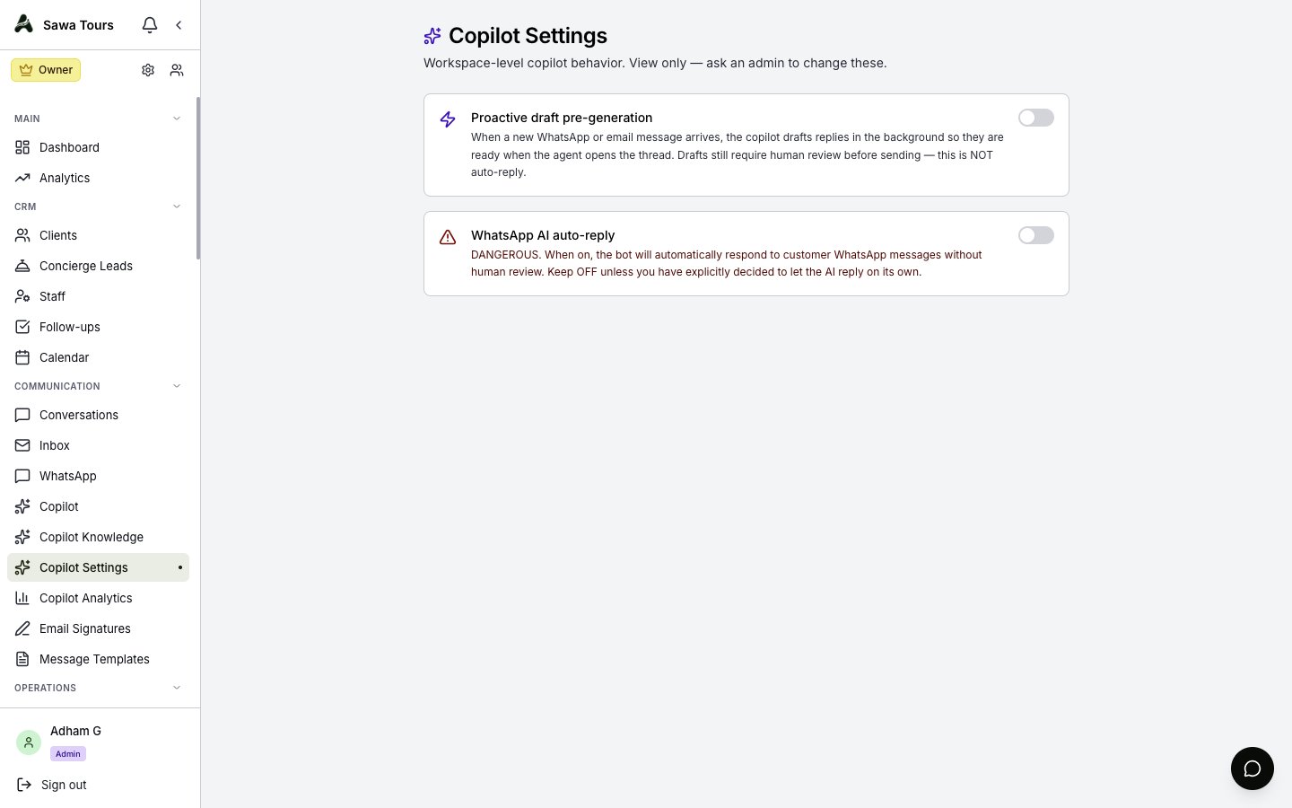 Copilot Settings page showing the background draft pre-generation toggle and the danger-marked WhatsApp auto-reply toggle