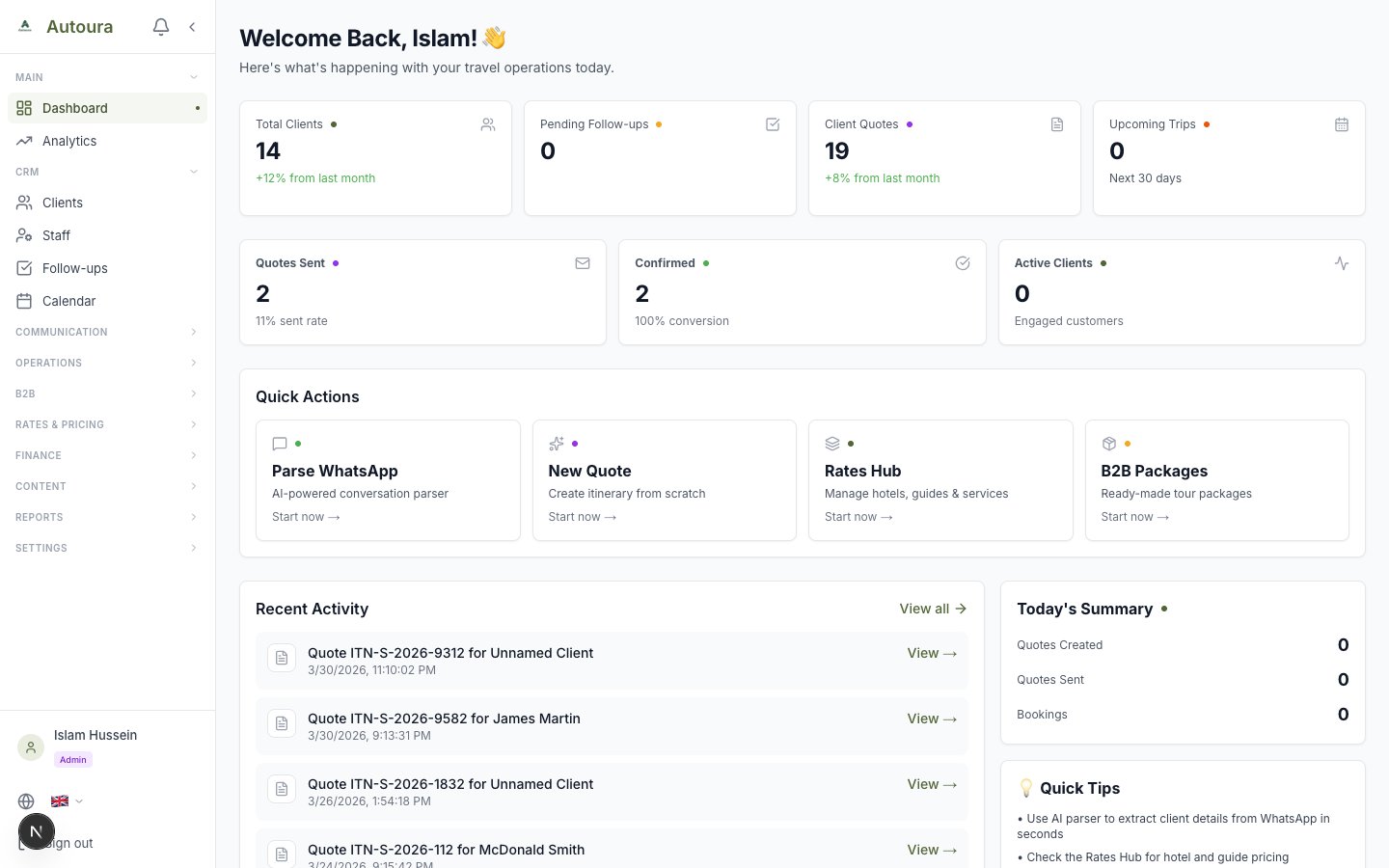 Full dashboard view with stats cards, quick actions, and recent activity