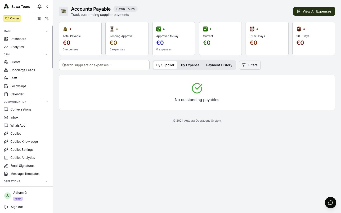 Accounts Payable aging report with supplier type and status filters