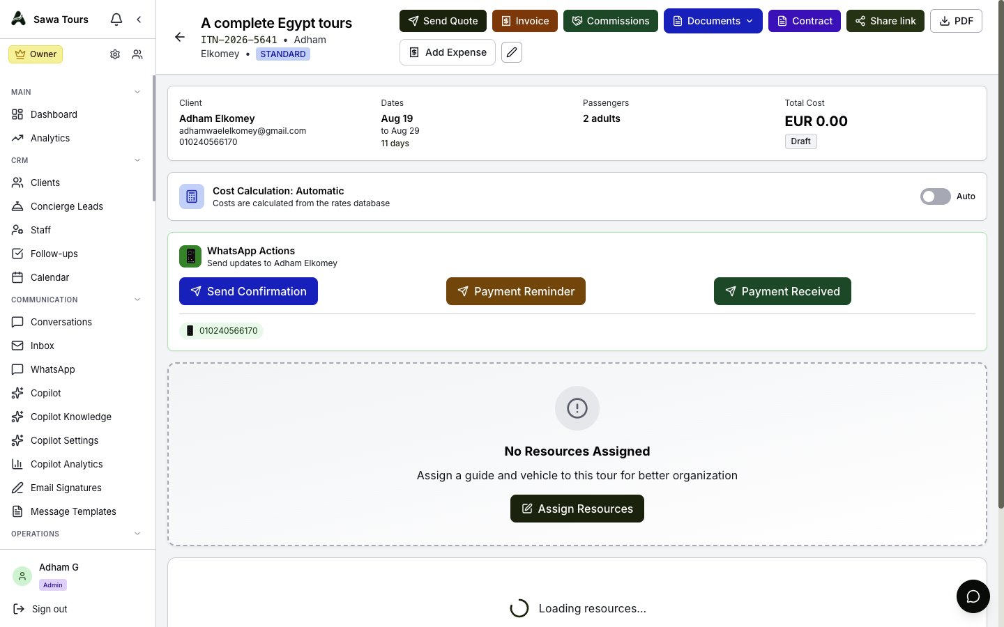 Itinerary detail page with client info, trip summary, and day-by-day breakdown