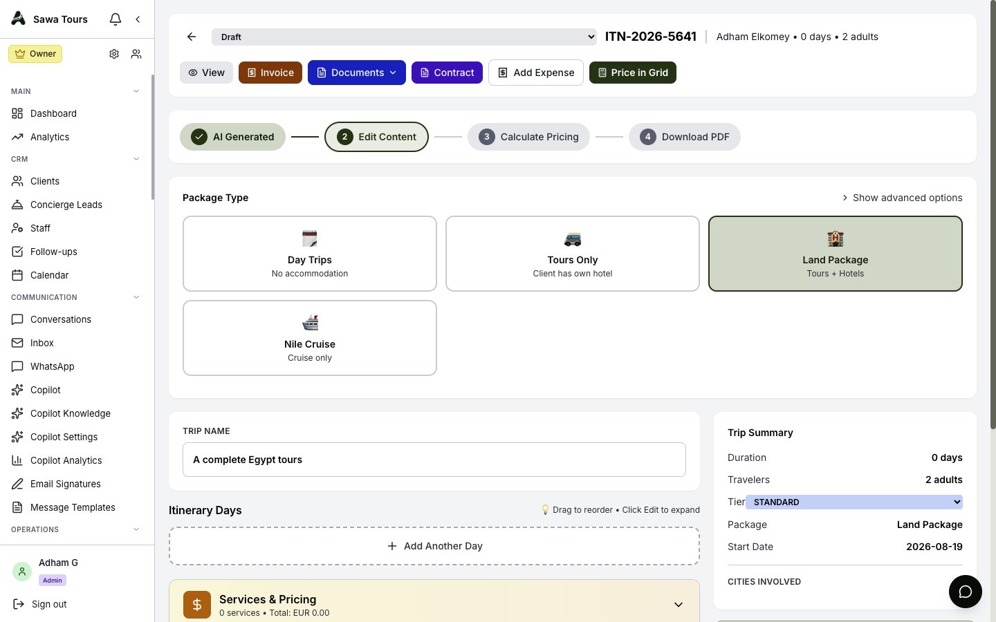 Itinerary editor showing the workflow status bar, draggable day cards, and the Price in Grid button