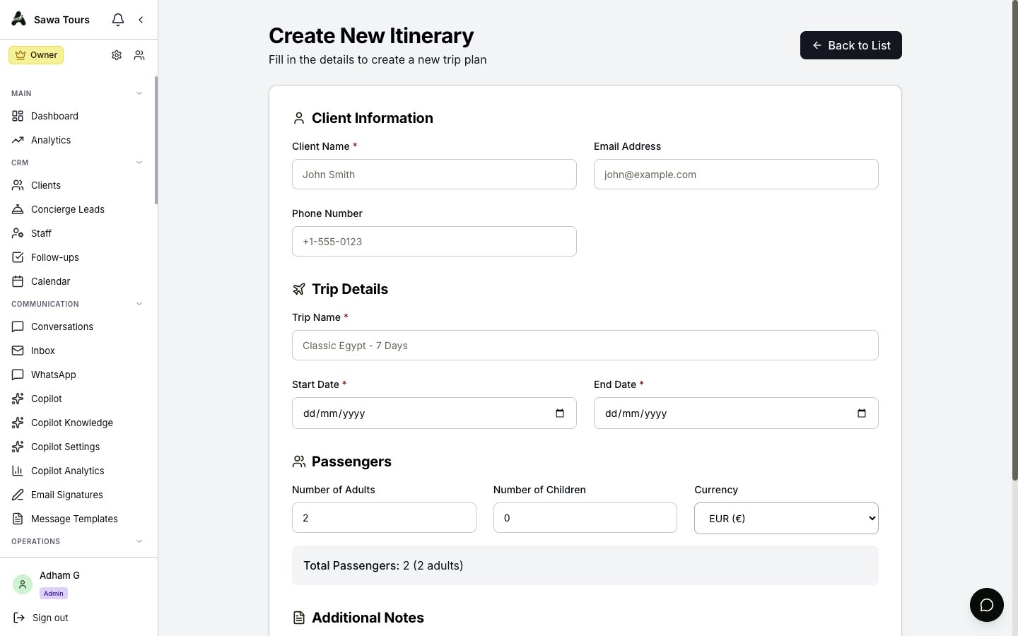 New itinerary form with trip name, client name, dates, adults, children, and currency