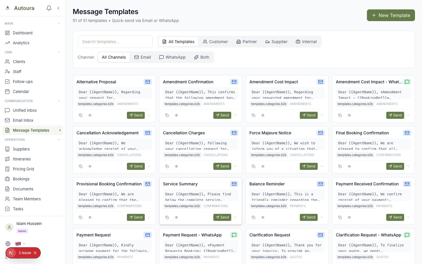 Message templates list page with search, category filter, and template cards