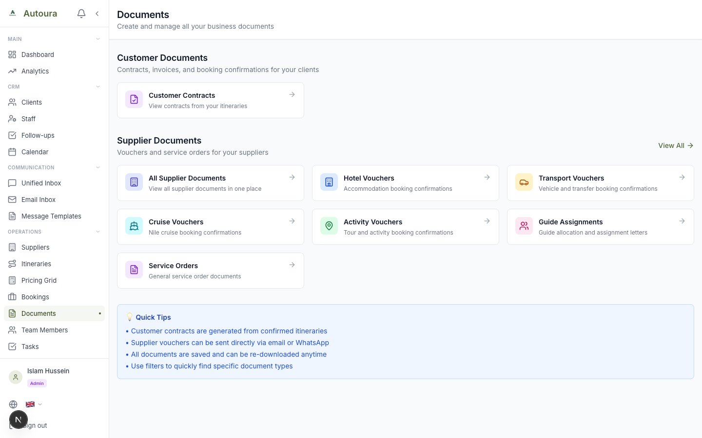 Documents page showing list of generated PDFs, contracts, and receipts with download buttons