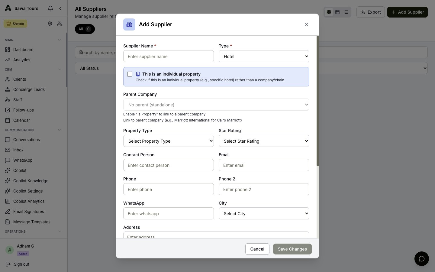 Add Supplier form with the type selector and type-specific fields