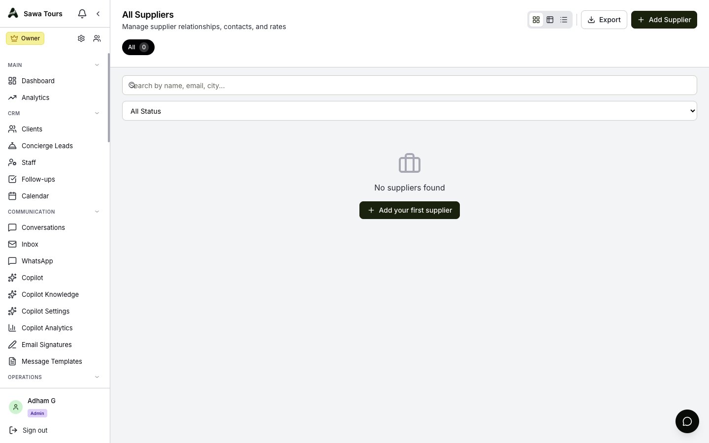 Suppliers directory in grid view with the type filter, search bar, and the Export and Add Supplier buttons in the header