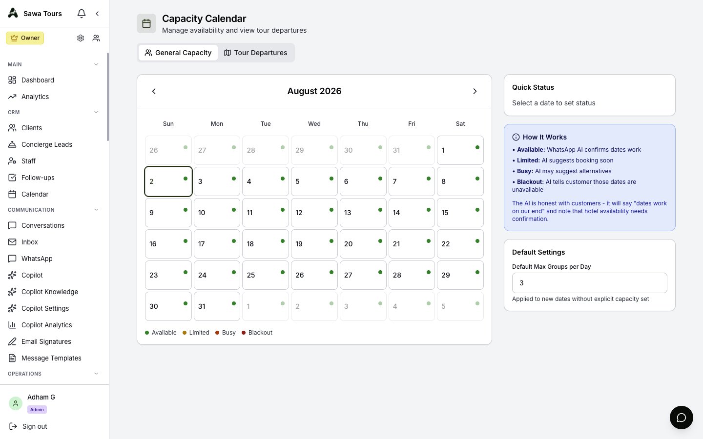 Capacity calendar in General Capacity view showing a month with date statuses (available/limited/busy/blackout) and per-date capacity settings
