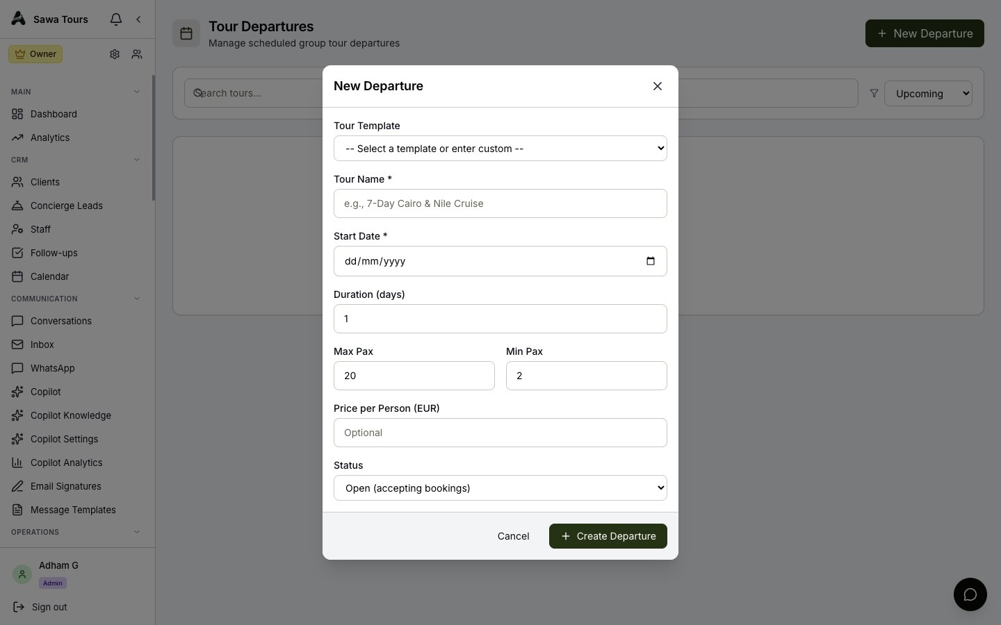 New Departure modal showing template, name, start date, duration, max/min pax, price per person, and status fields
