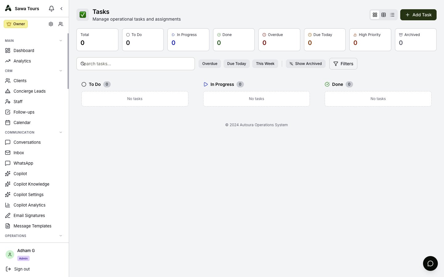 Tasks page in Kanban view with metric cards across the top, the filter bar, and the To Do / In Progress / Done columns