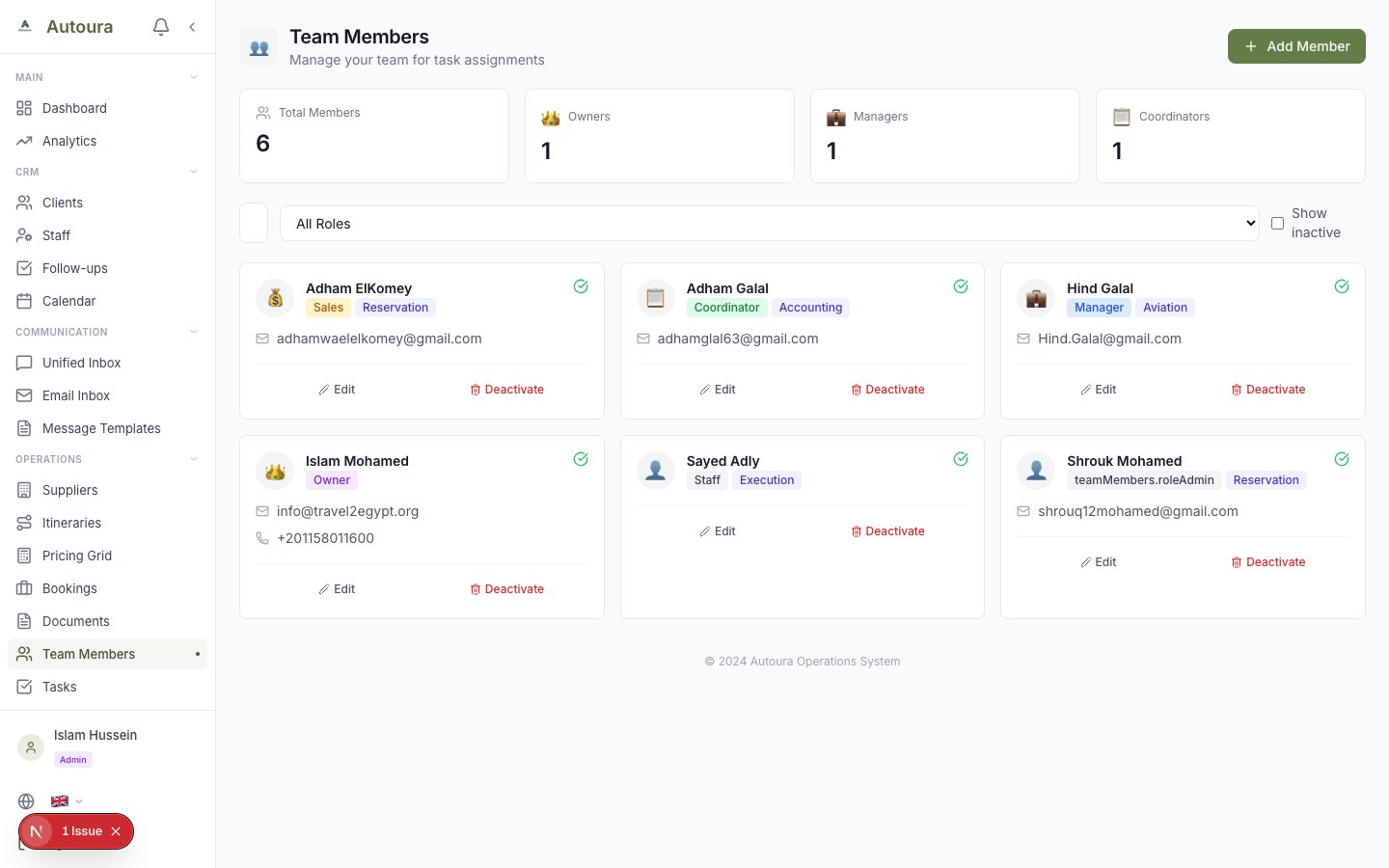 Team members page showing member list with roles, departments, and status